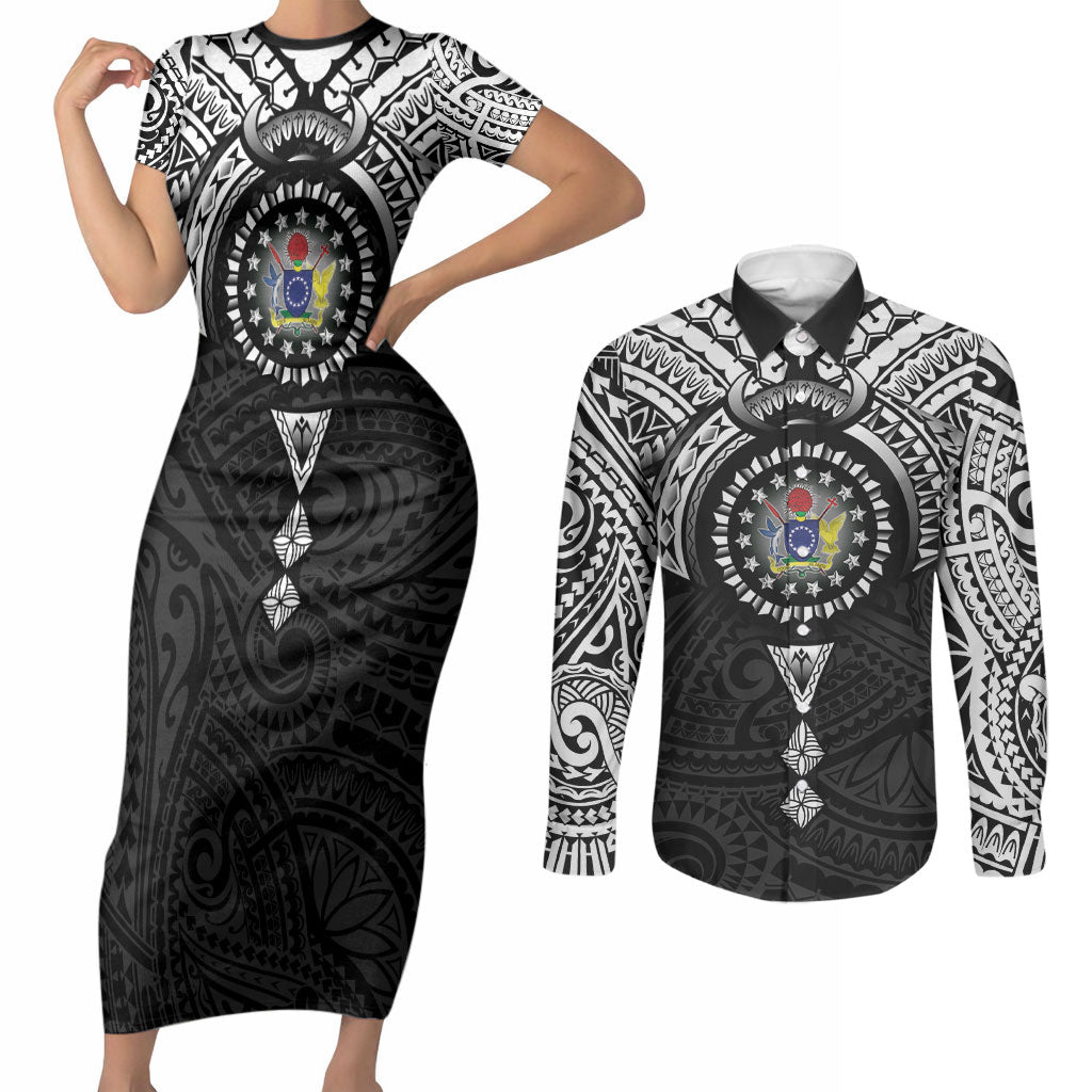 Cook Islands Manta Ray Couples Matching Short Sleeve Bodycon Dress and Long Sleeve Button Shirt Kuki Airani Tattoo Black Color LT14 Black - Polynesian Pride