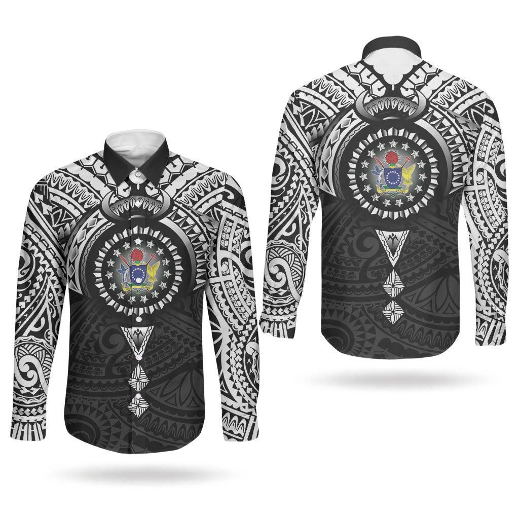 Cook Islands Manta Ray Couples Matching Summer Maxi Dress and Long Sleeve Button Shirt Kuki Airani Tattoo Black Color LT14 - Polynesian Pride