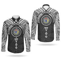 Cook Islands Manta Ray Couples Matching Summer Maxi Dress and Long Sleeve Button Shirt Kuki Airani Tattoo Black Color LT14 - Polynesian Pride
