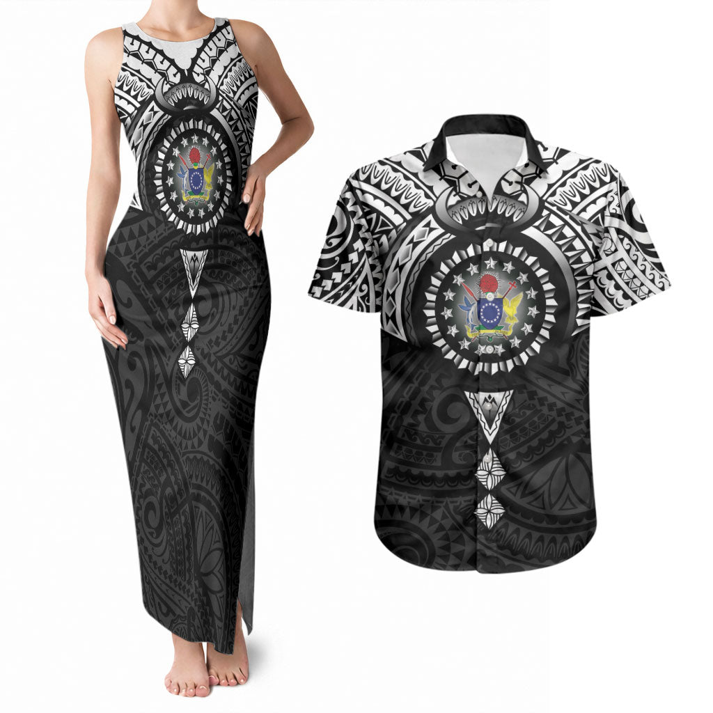 Cook Islands Manta Ray Couples Matching Tank Maxi Dress and Hawaiian Shirt Kuki Airani Tattoo Black Color LT14 Black - Polynesian Pride
