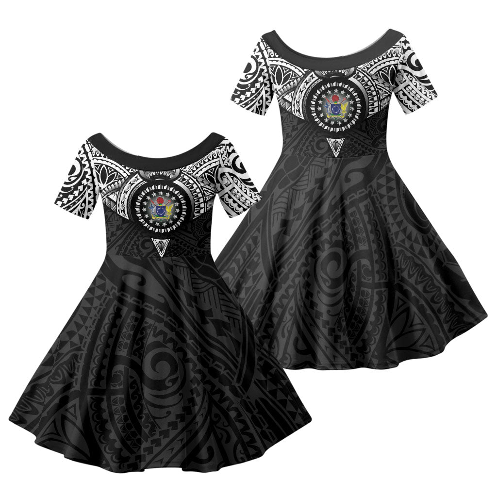 Cook Islands Manta Ray Family Matching Long Sleeve Bodycon Dress and Hawaiian Shirt Kuki Airani Tattoo Black Color LT14 Daughter's Dress Black - Polynesian Pride