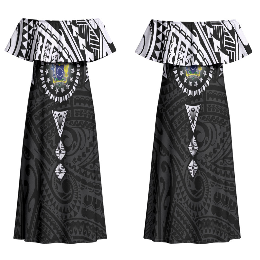 Cook Islands Manta Ray Family Matching Off Shoulder Maxi Dress and Hawaiian Shirt Kuki Airani Tattoo Black Color LT14 Mom's Dress Black - Polynesian Pride