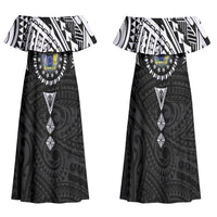Cook Islands Manta Ray Family Matching Off Shoulder Maxi Dress and Hawaiian Shirt Kuki Airani Tattoo Black Color LT14 Mom's Dress Black - Polynesian Pride