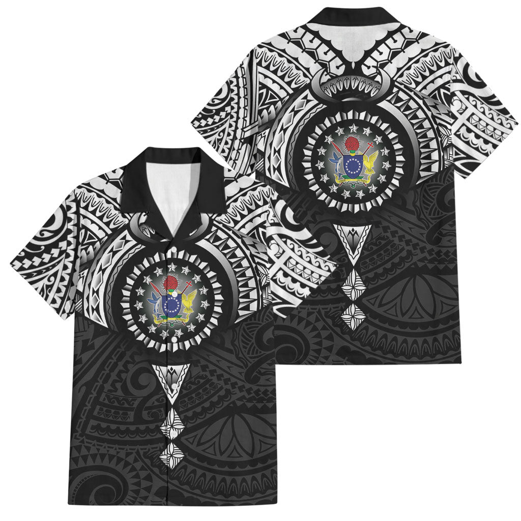 Cook Islands Manta Ray Family Matching Off Shoulder Maxi Dress and Hawaiian Shirt Kuki Airani Tattoo Black Color LT14 Dad's Shirt - Short Sleeve Black - Polynesian Pride
