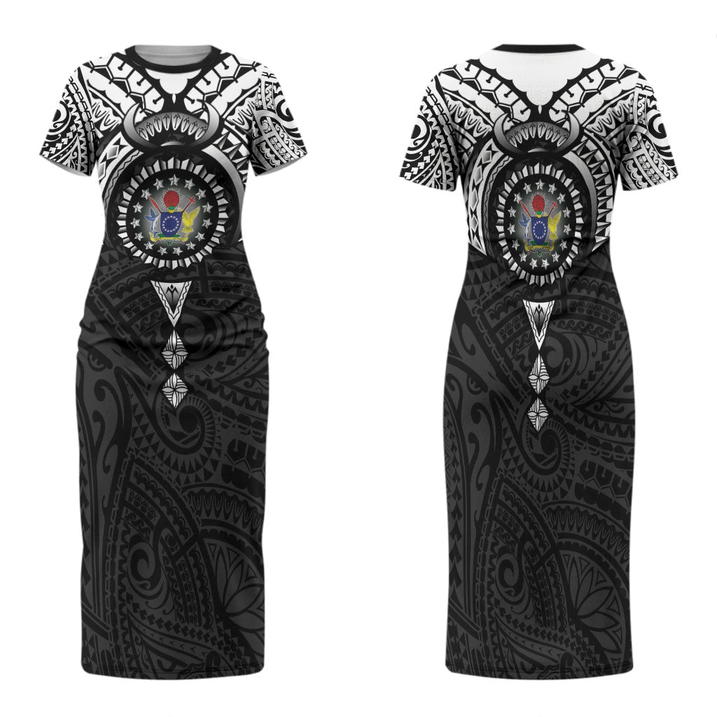 Cook Islands Manta Ray Family Matching Short Sleeve Bodycon Dress and Hawaiian Shirt Kuki Airani Tattoo Black Color LT14 Mom's Dress Black - Polynesian Pride