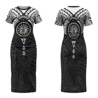 Cook Islands Manta Ray Family Matching Short Sleeve Bodycon Dress and Hawaiian Shirt Kuki Airani Tattoo Black Color LT14 Mom's Dress Black - Polynesian Pride
