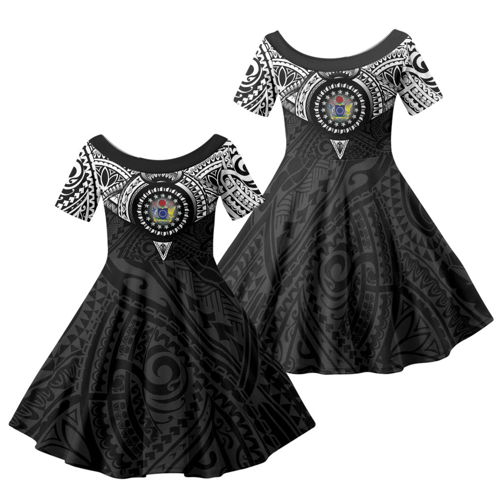 Cook Islands Manta Ray Family Matching Tank Maxi Dress and Hawaiian Shirt Kuki Airani Tattoo Black Color LT14 Daughter's Dress Black - Polynesian Pride