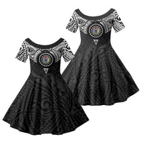 Cook Islands Manta Ray Family Matching Tank Maxi Dress and Hawaiian Shirt Kuki Airani Tattoo Black Color LT14 Daughter's Dress Black - Polynesian Pride
