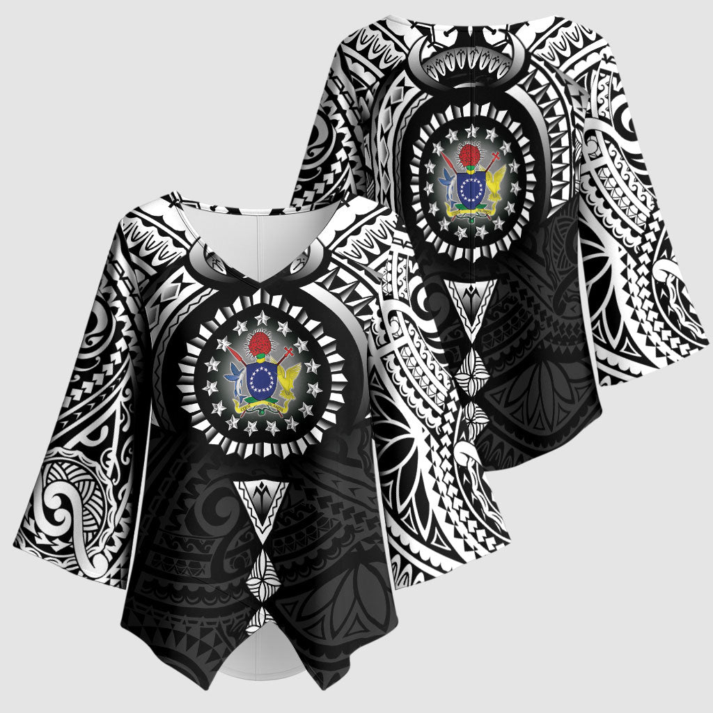 Cook Islands Manta Ray Kimono Sleeve Blouse Kuki Airani Tattoo Black Color LT14 - Polynesian Pride