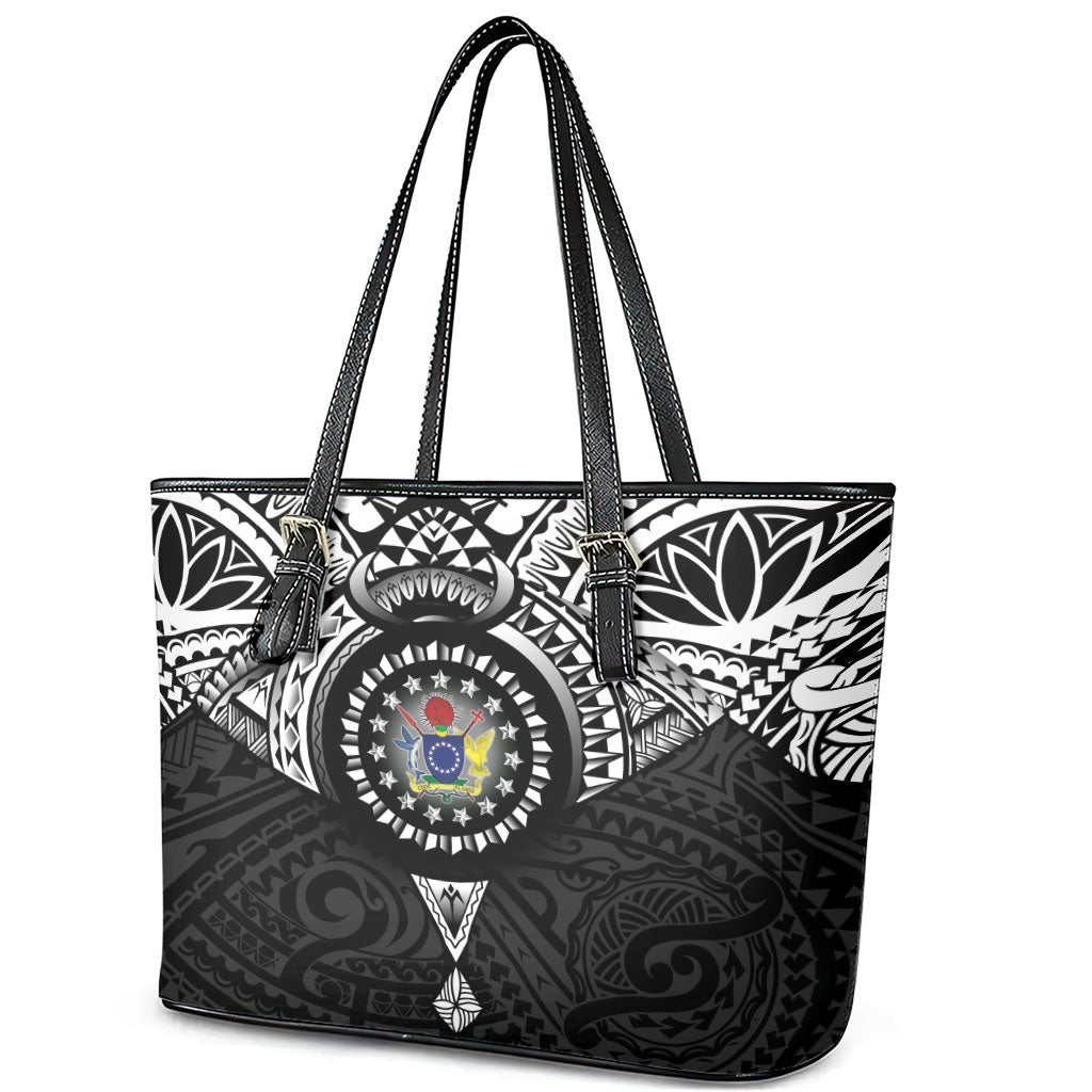 Cook Islands Manta Ray Leather Tote Bag Kuki Airani Tattoo Black Color LT14 - Polynesian Pride