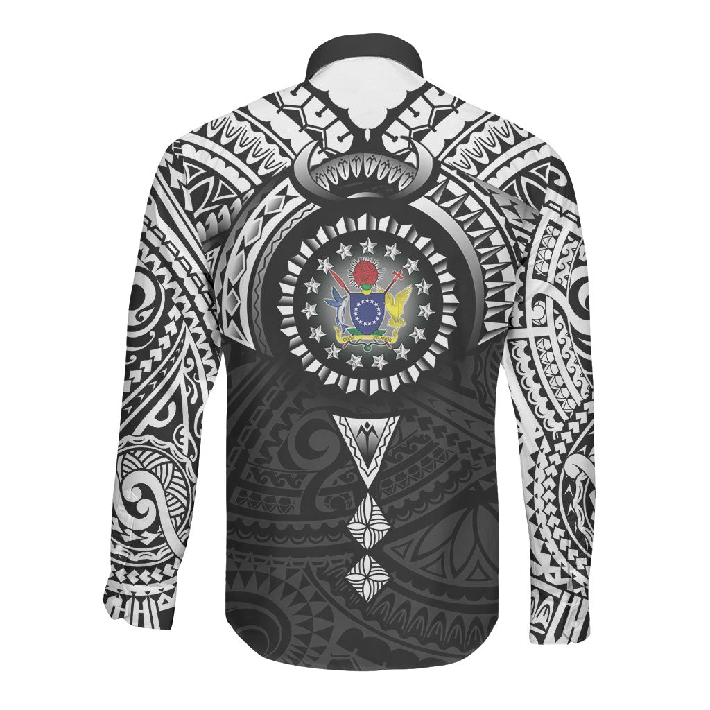 Cook Islands Manta Ray Long Sleeve Button Shirt Kuki Airani Tattoo Black Color LT14 - Polynesian Pride