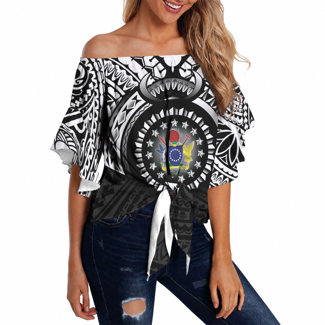 Cook Islands Manta Ray Off Shoulder Wrap Waist Top Kuki Airani Tattoo Black Color LT14 Black - Polynesian Pride