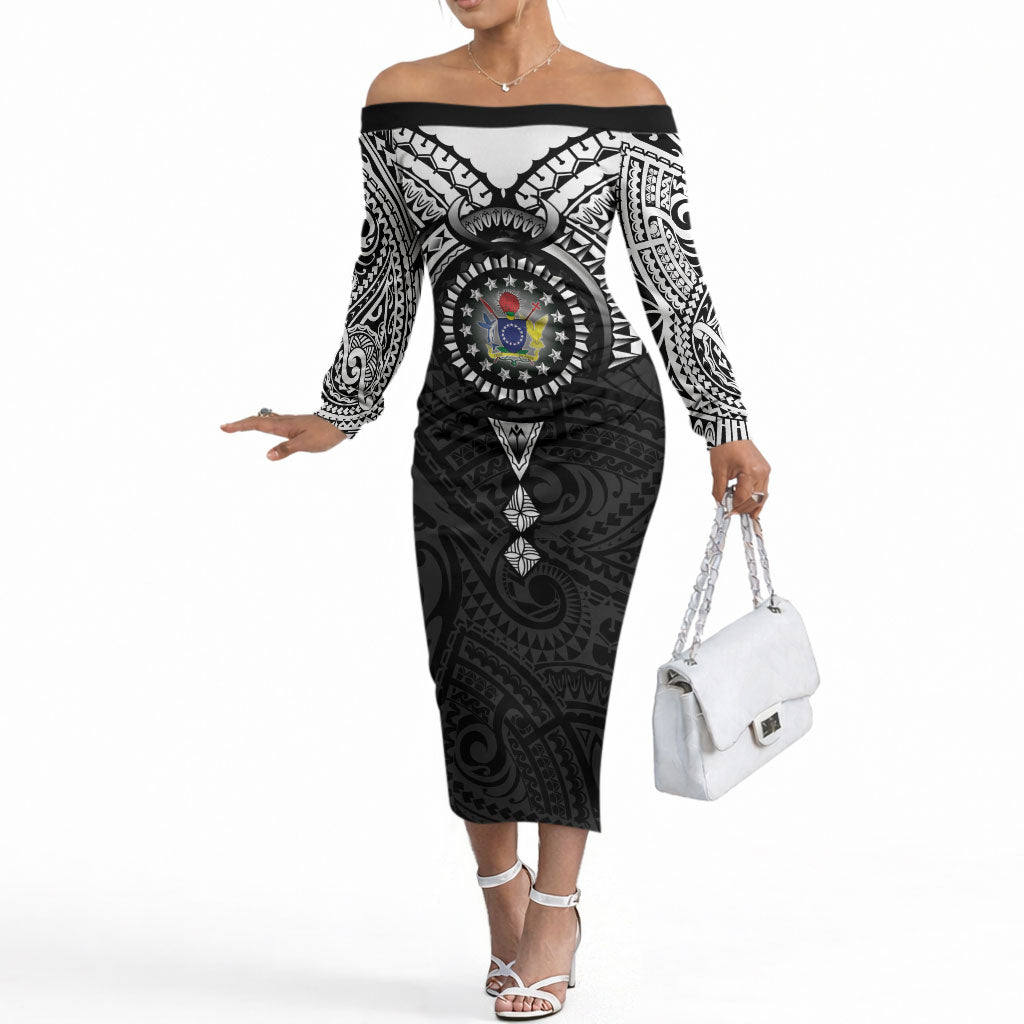Cook Islands Manta Ray Off The Shoulder Long Sleeve Dress Kuki Airani Tattoo Black Color LT14 Women Black - Polynesian Pride