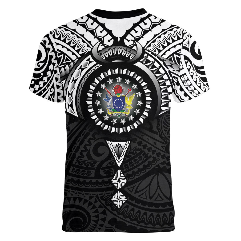 Cook Islands Manta Ray Women V-Neck T-Shirt Kuki Airani Tattoo Black Color LT14 - Polynesian Pride