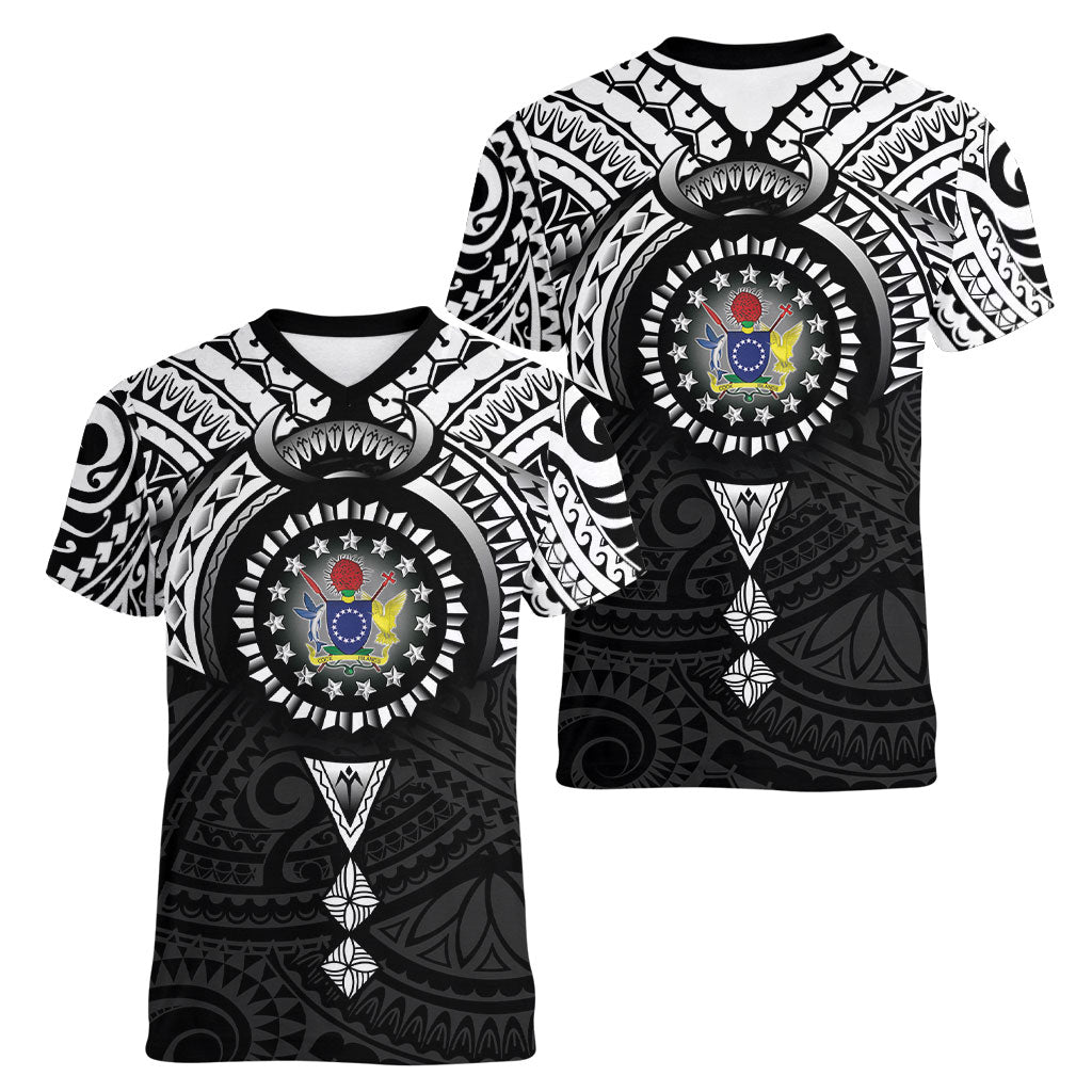 Cook Islands Manta Ray Women V-Neck T-Shirt Kuki Airani Tattoo Black Color LT14 - Polynesian Pride