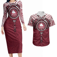 Personalised Cook Islands Mangaia Couples Matching Long Sleeve Bodycon Dress and Hawaiian Shirt Map With Kuki Airani Manta Ray Tattoo LT14 Maroon - Polynesian Pride