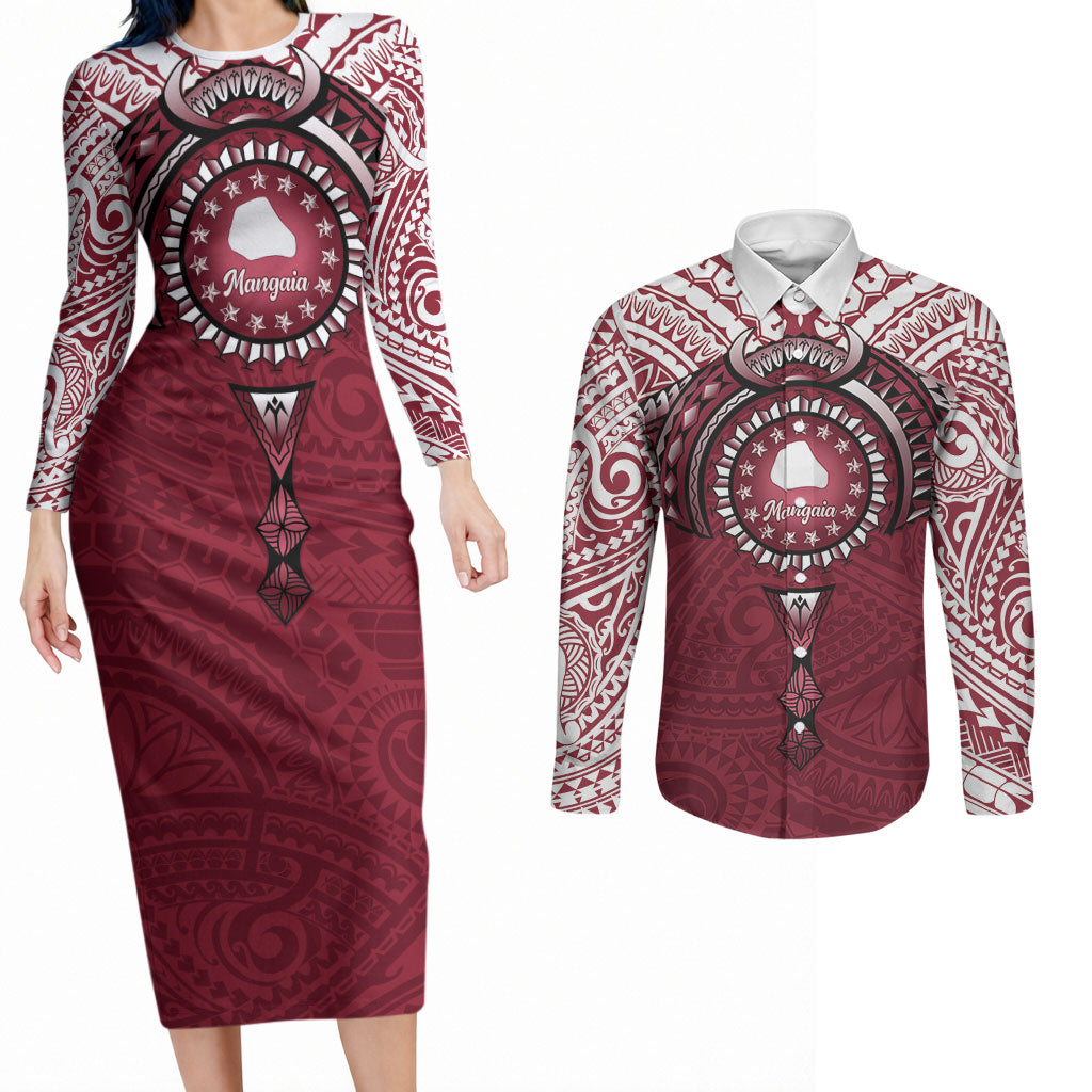 Personalised Cook Islands Mangaia Couples Matching Long Sleeve Bodycon Dress and Long Sleeve Button Shirt Map With Kuki Airani Manta Ray Tattoo LT14 Maroon - Polynesian Pride