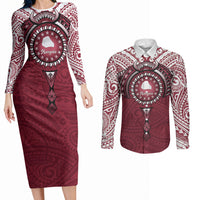 Personalised Cook Islands Mangaia Couples Matching Long Sleeve Bodycon Dress and Long Sleeve Button Shirt Map With Kuki Airani Manta Ray Tattoo LT14 Maroon - Polynesian Pride