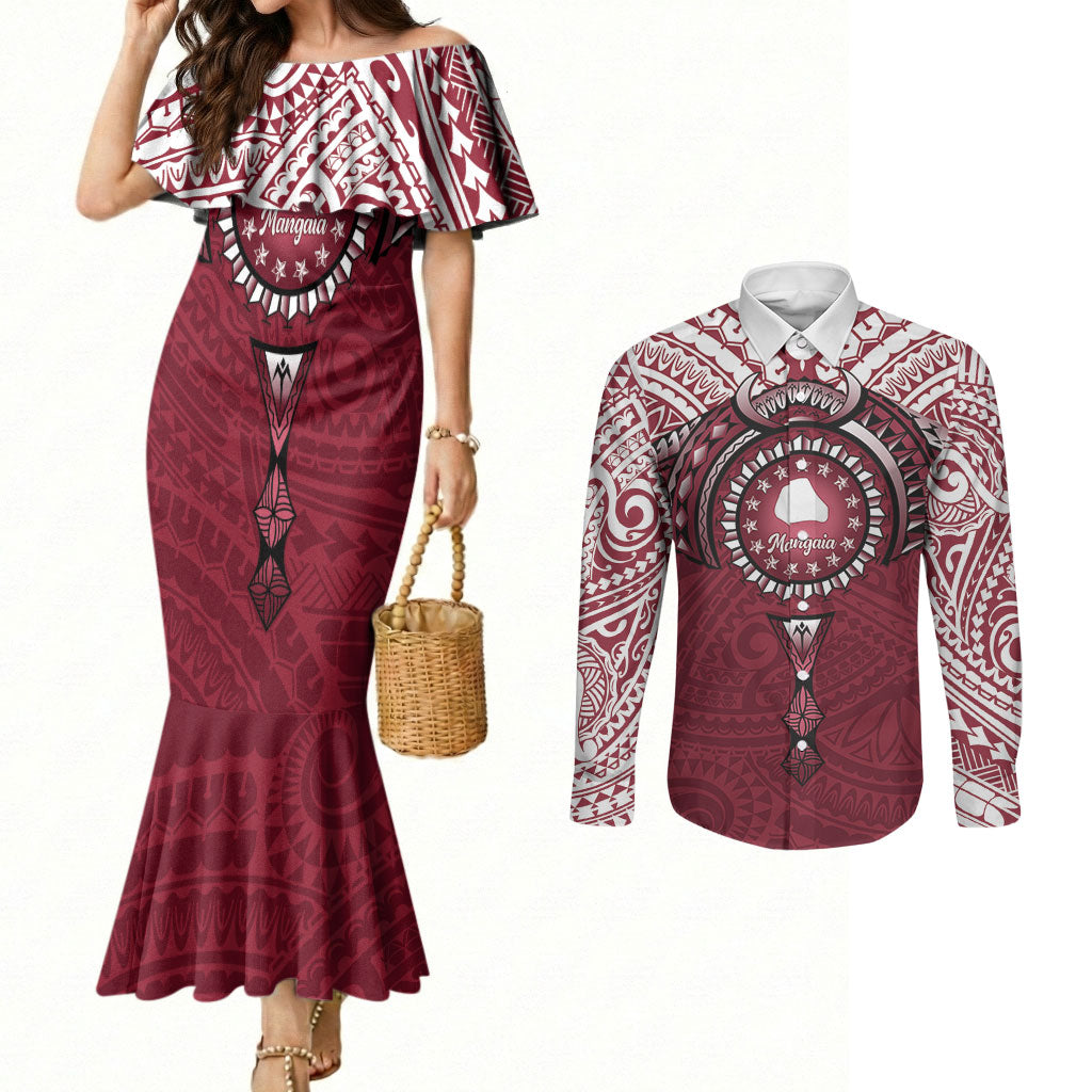 Personalised Cook Islands Mangaia Couples Matching Mermaid Dress and Long Sleeve Button Shirt Map With Kuki Airani Manta Ray Tattoo LT14 Maroon - Polynesian Pride
