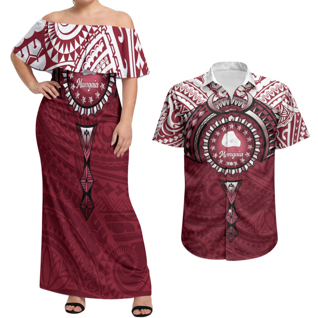 Personalised Cook Islands Mangaia Couples Matching Off Shoulder Maxi Dress and Hawaiian Shirt Map With Kuki Airani Manta Ray Tattoo LT14 Maroon - Polynesian Pride