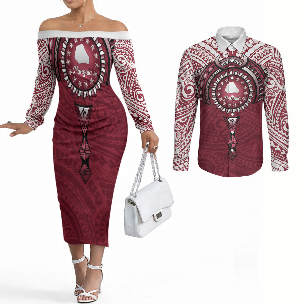 Personalised Cook Islands Mangaia Couples Matching Off The Shoulder Long Sleeve Dress and Long Sleeve Button Shirt Map With Kuki Airani Manta Ray Tattoo LT14 Maroon - Polynesian Pride