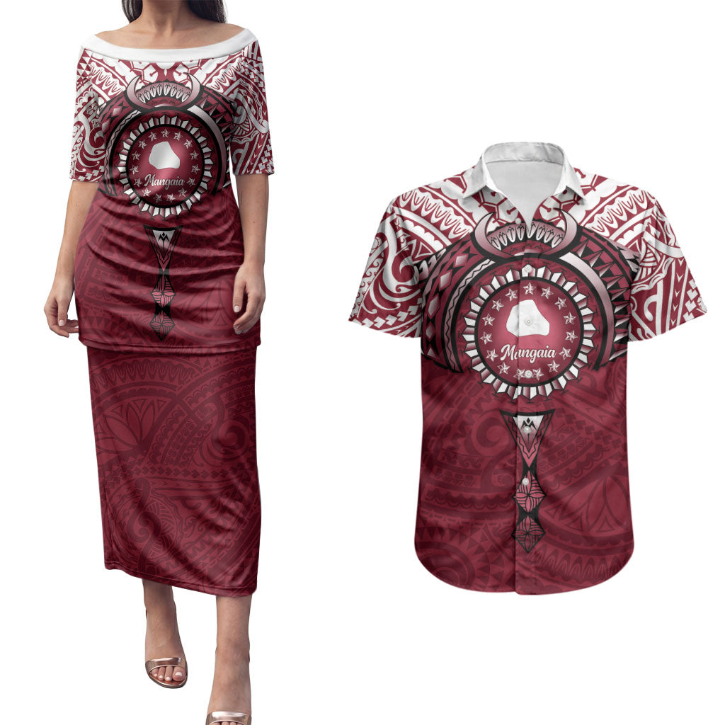 Personalised Cook Islands Mangaia Couples Matching Puletasi and Hawaiian Shirt Map With Kuki Airani Manta Ray Tattoo LT14 Maroon - Polynesian Pride