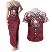 Personalised Cook Islands Mangaia Couples Matching Tank Maxi Dress and Hawaiian Shirt Map With Kuki Airani Manta Ray Tattoo LT14 Maroon - Polynesian Pride