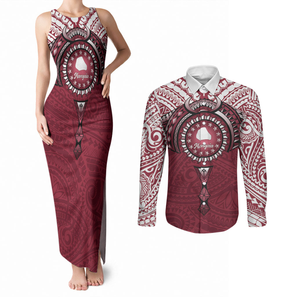 Personalised Cook Islands Mangaia Couples Matching Tank Maxi Dress and Long Sleeve Button Shirt Map With Kuki Airani Manta Ray Tattoo LT14 Maroon - Polynesian Pride