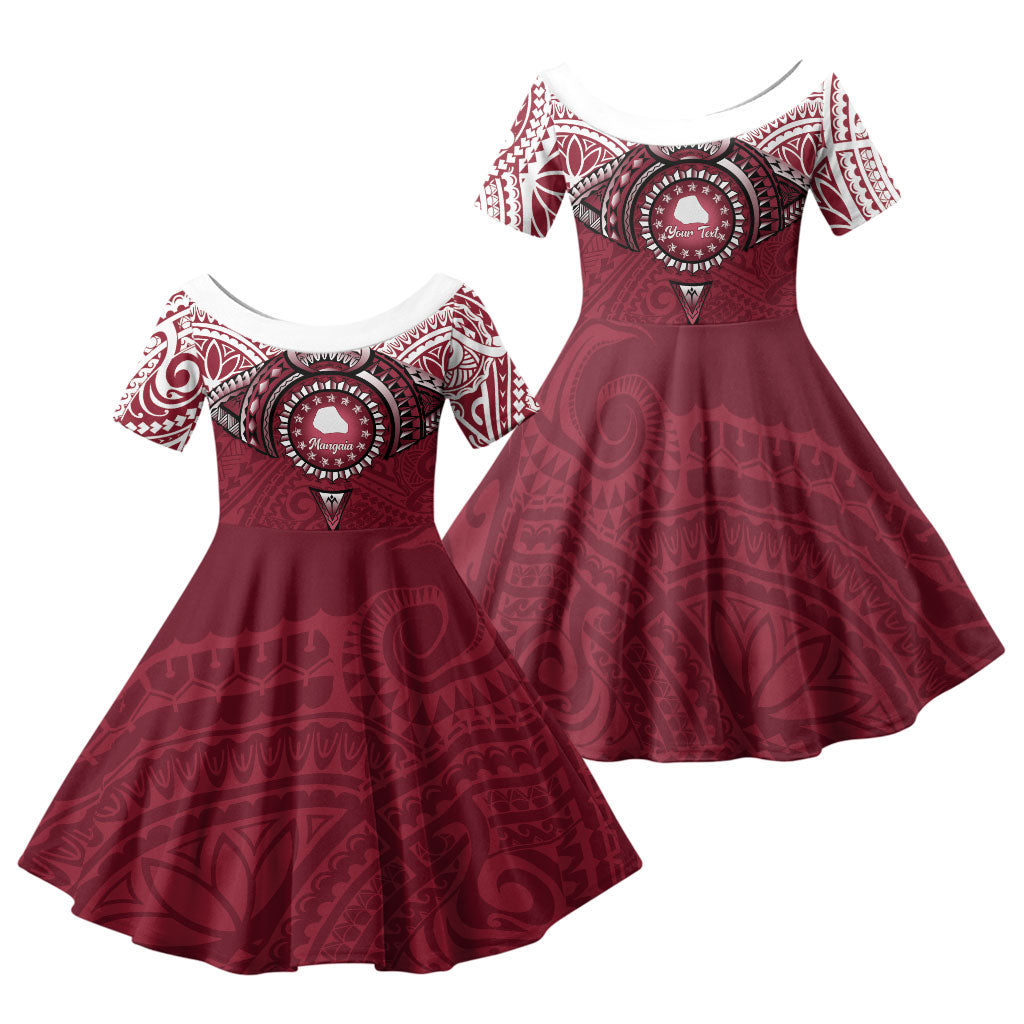 Personalised Cook Islands Mangaia Family Matching Mermaid Dress and Hawaiian Shirt Map With Kuki Airani Manta Ray Tattoo LT14 Daughter's Dress Maroon - Polynesian Pride