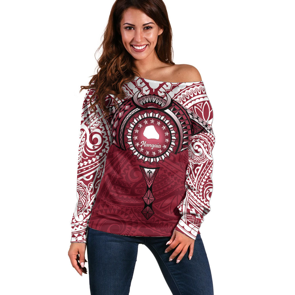 Personalised Cook Islands Mangaia Off Shoulder Sweater Map With Kuki Airani Manta Ray Tattoo LT14 Women Maroon - Polynesian Pride