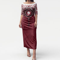 Personalised Cook Islands Mangaia Puletasi Map With Kuki Airani Manta Ray Tattoo LT14 Long Dress Maroon - Polynesian Pride