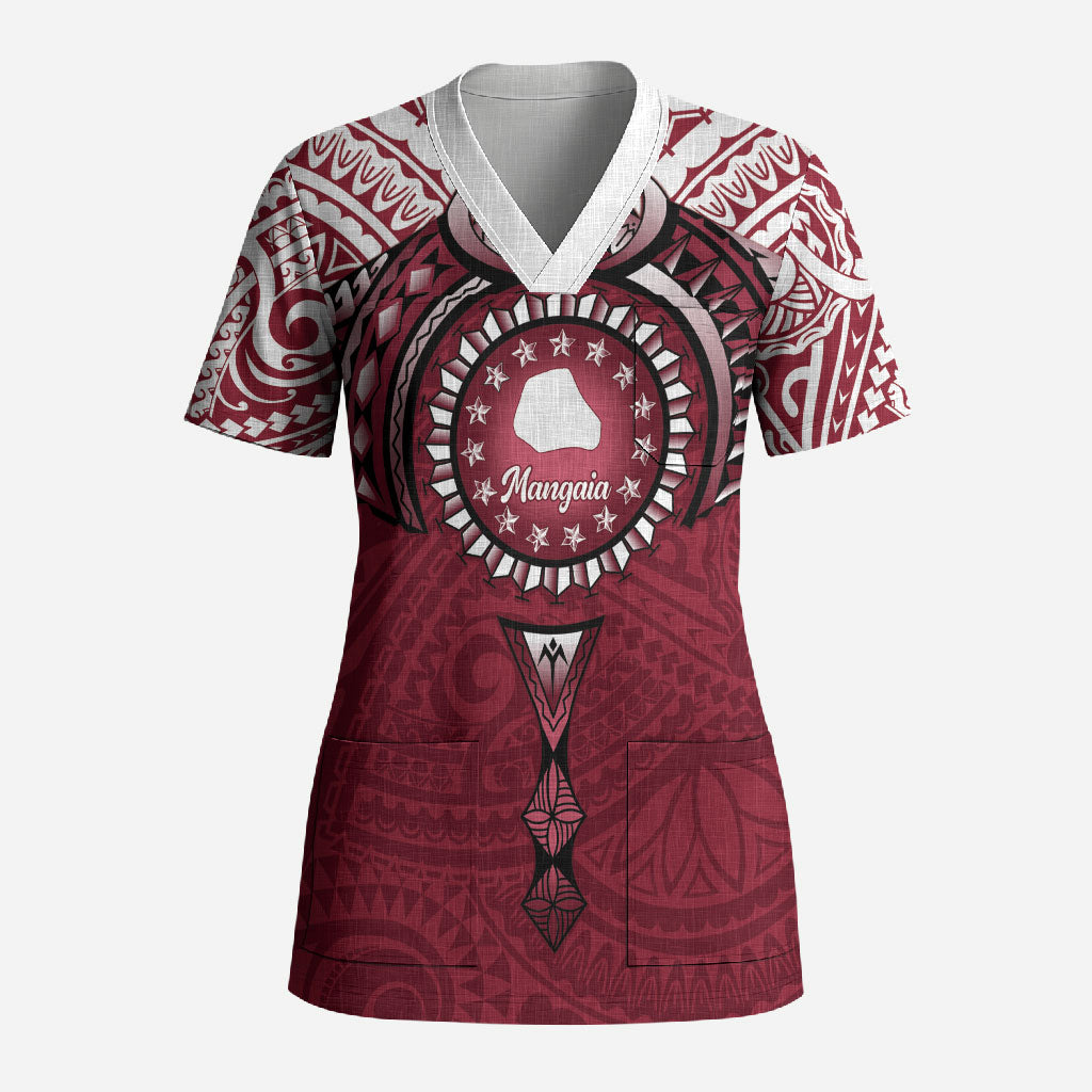 Personalised Cook Islands Mangaia Scrub Top Map With Kuki Airani Manta Ray Tattoo LT14 Adult Maroon - Polynesian Pride