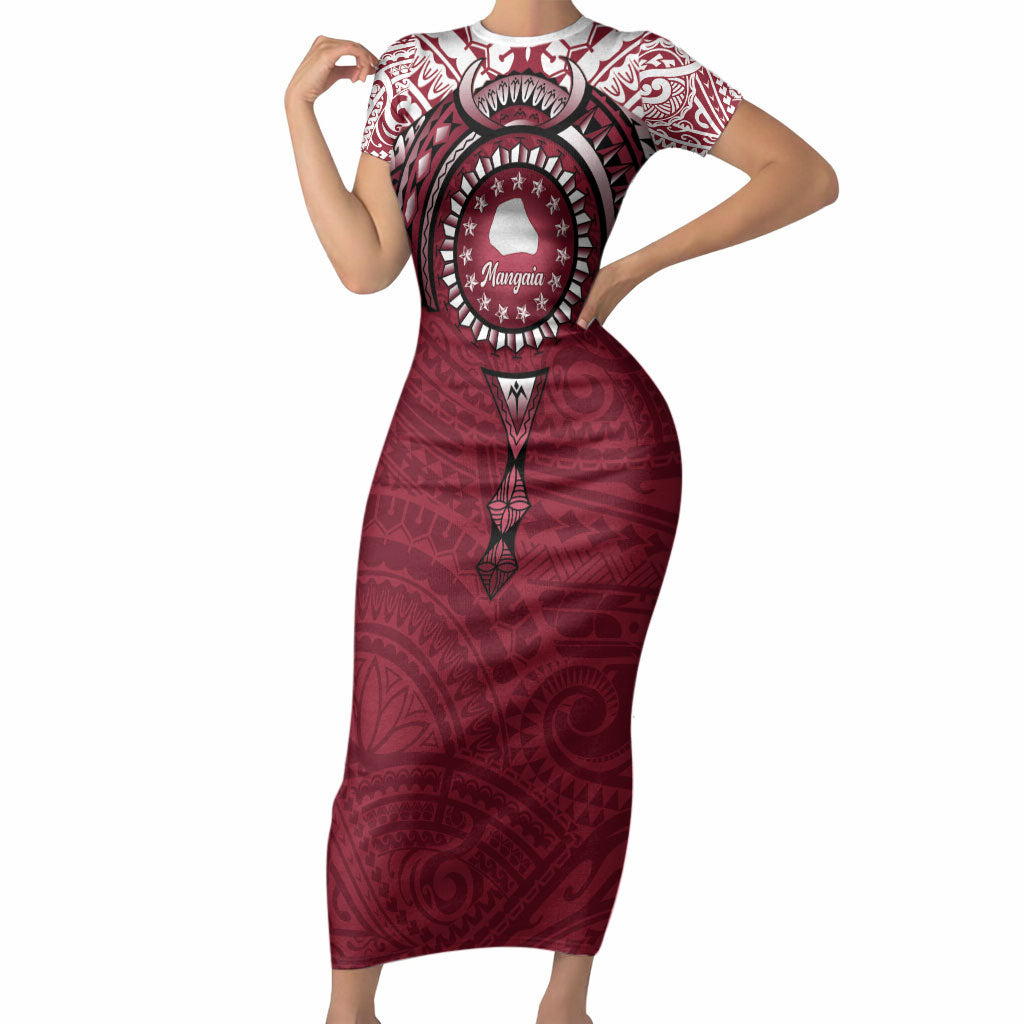 Personalised Cook Islands Mangaia Short Sleeve Bodycon Dress Map With Kuki Airani Manta Ray Tattoo LT14 Long Dress Maroon - Polynesian Pride