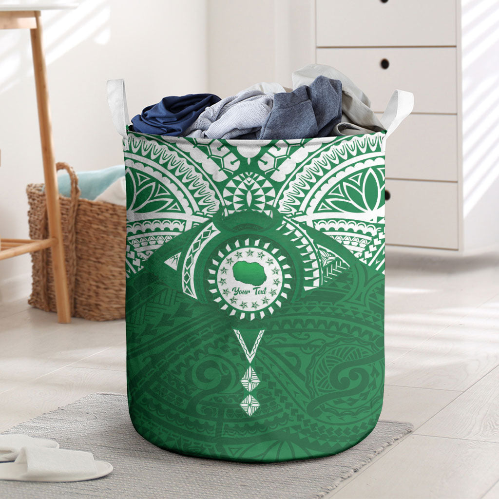Personalised Cook Islands Rarotonga Laundry Basket Map With Kuki Airani Manta Ray Tattoo LT14 Green - Polynesian Pride