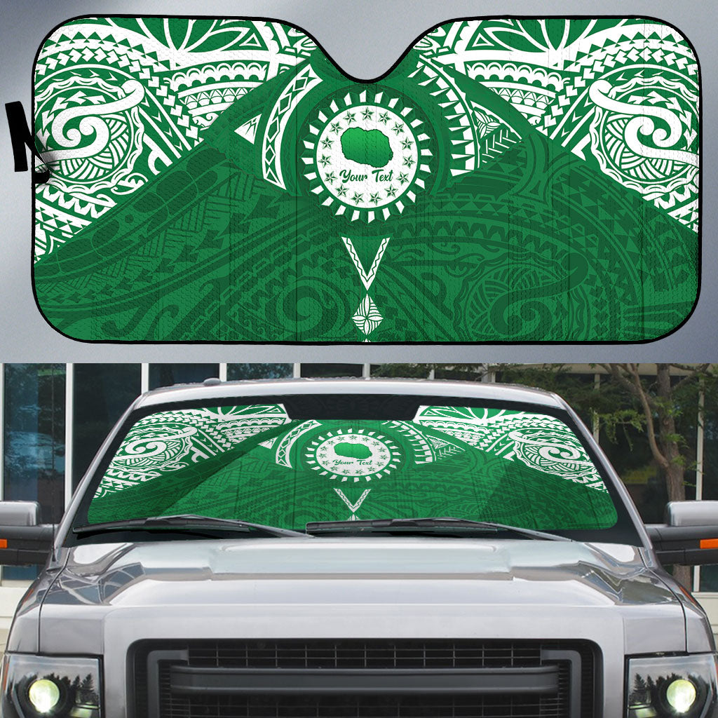 Personalised Cook Islands Rarotonga Auto Sun Shade Map With Kuki Airani Manta Ray Tattoo LT14 Green - Polynesian Pride