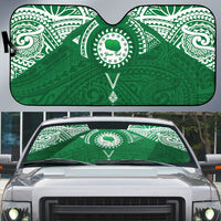 Personalised Cook Islands Rarotonga Auto Sun Shade Map With Kuki Airani Manta Ray Tattoo LT14 Green - Polynesian Pride
