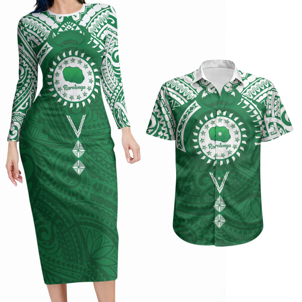 Personalised Cook Islands Rarotonga Couples Matching Long Sleeve Bodycon Dress and Hawaiian Shirt Map With Kuki Airani Manta Ray Tattoo LT14 Green - Polynesian Pride