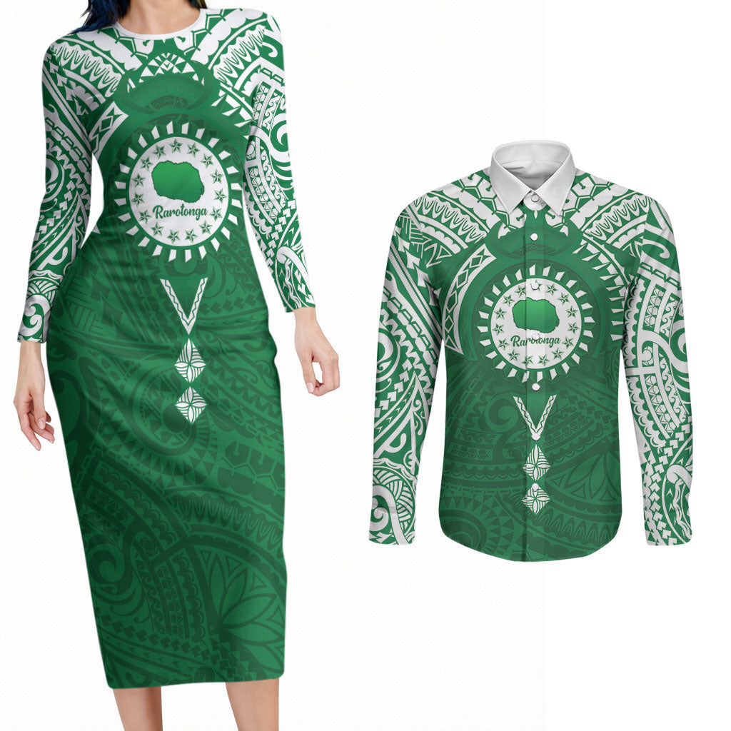 Personalised Cook Islands Rarotonga Couples Matching Long Sleeve Bodycon Dress and Long Sleeve Button Shirt Map With Kuki Airani Manta Ray Tattoo LT14 Green - Polynesian Pride