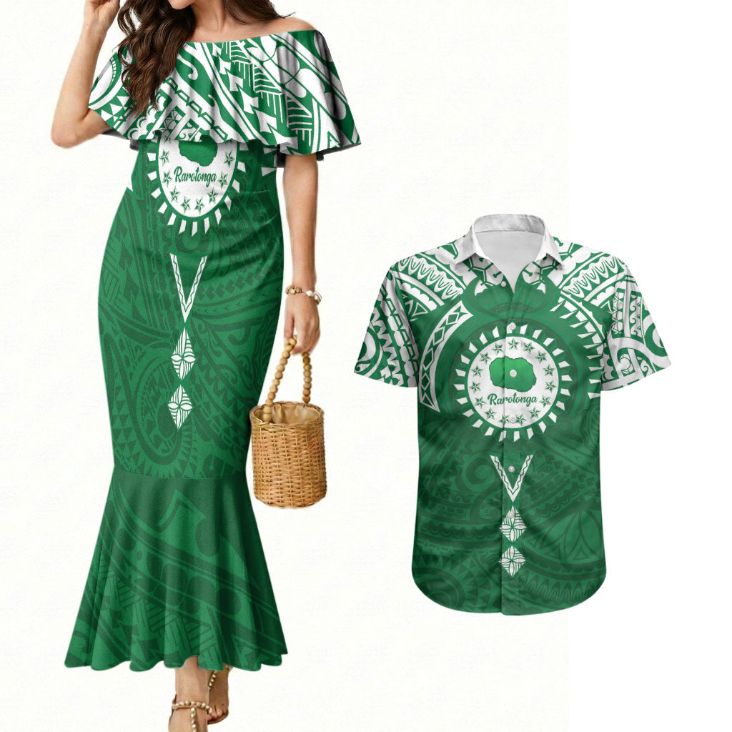Personalised Cook Islands Rarotonga Couples Matching Mermaid Dress and Hawaiian Shirt Map With Kuki Airani Manta Ray Tattoo LT14 Green - Polynesian Pride