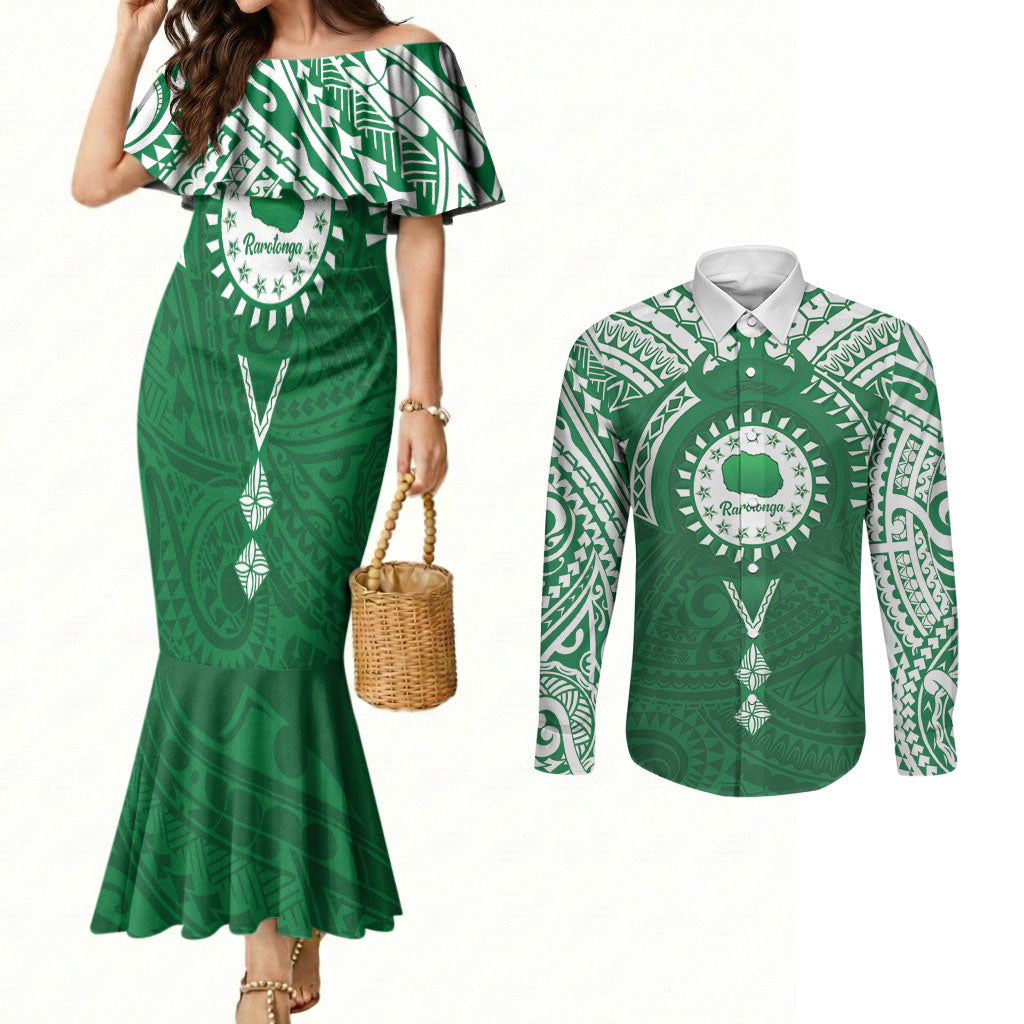 Personalised Cook Islands Rarotonga Couples Matching Mermaid Dress and Long Sleeve Button Shirt Map With Kuki Airani Manta Ray Tattoo LT14 Green - Polynesian Pride
