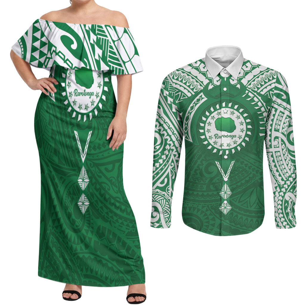 Personalised Cook Islands Rarotonga Couples Matching Off Shoulder Maxi Dress and Long Sleeve Button Shirt Map With Kuki Airani Manta Ray Tattoo LT14 Green - Polynesian Pride