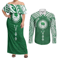Personalised Cook Islands Rarotonga Couples Matching Off Shoulder Maxi Dress and Long Sleeve Button Shirt Map With Kuki Airani Manta Ray Tattoo LT14 Green - Polynesian Pride