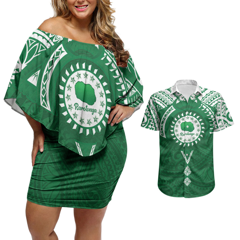 Personalised Cook Islands Rarotonga Couples Matching Off Shoulder Short Dress and Hawaiian Shirt Map With Kuki Airani Manta Ray Tattoo