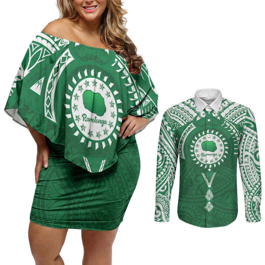 Personalised Cook Islands Rarotonga Couples Matching Off Shoulder Short Dress and Long Sleeve Button Shirt Map With Kuki Airani Manta Ray Tattoo LT14 Green - Polynesian Pride