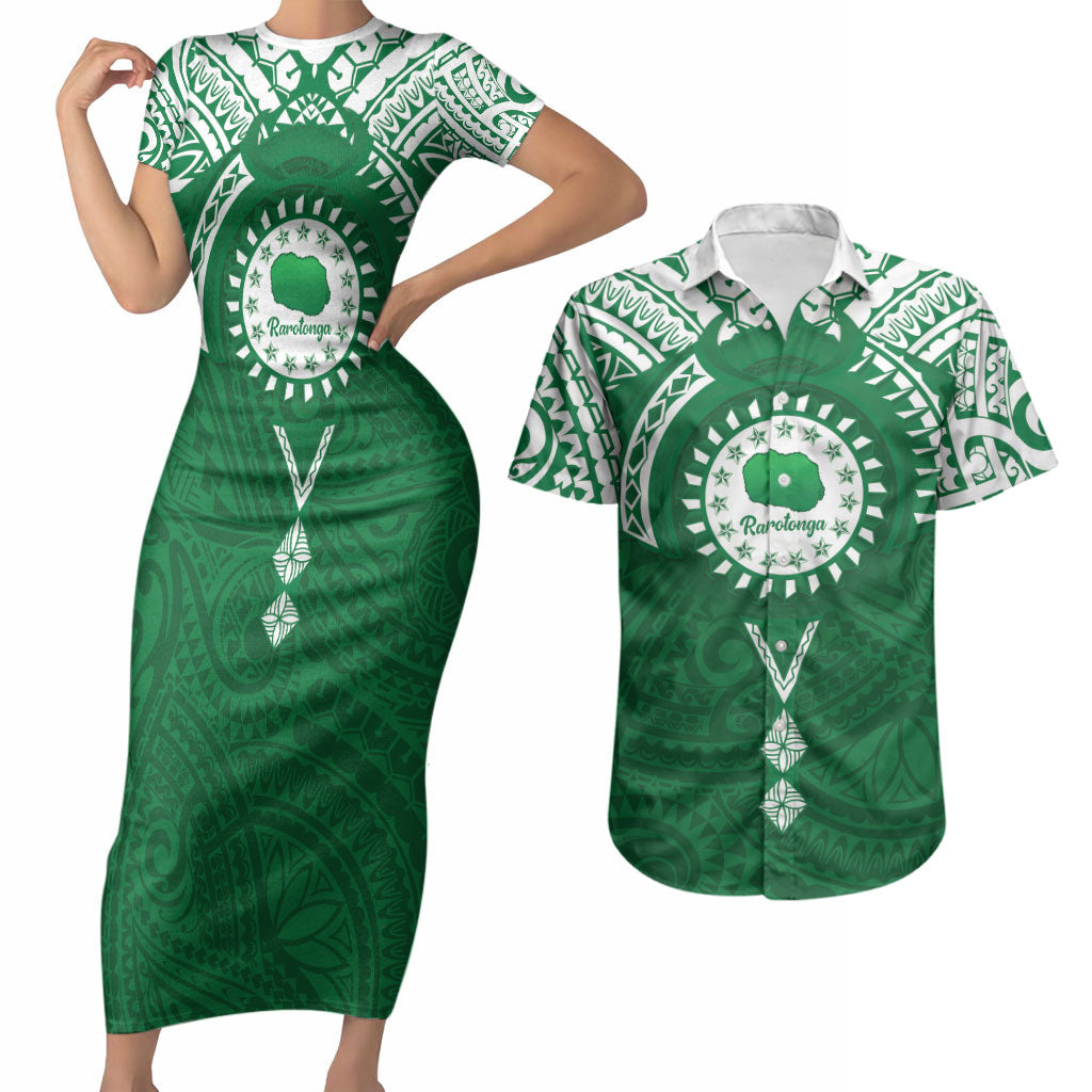 Personalised Cook Islands Rarotonga Couples Matching Short Sleeve Bodycon Dress and Hawaiian Shirt Map With Kuki Airani Manta Ray Tattoo LT14 Green - Polynesian Pride