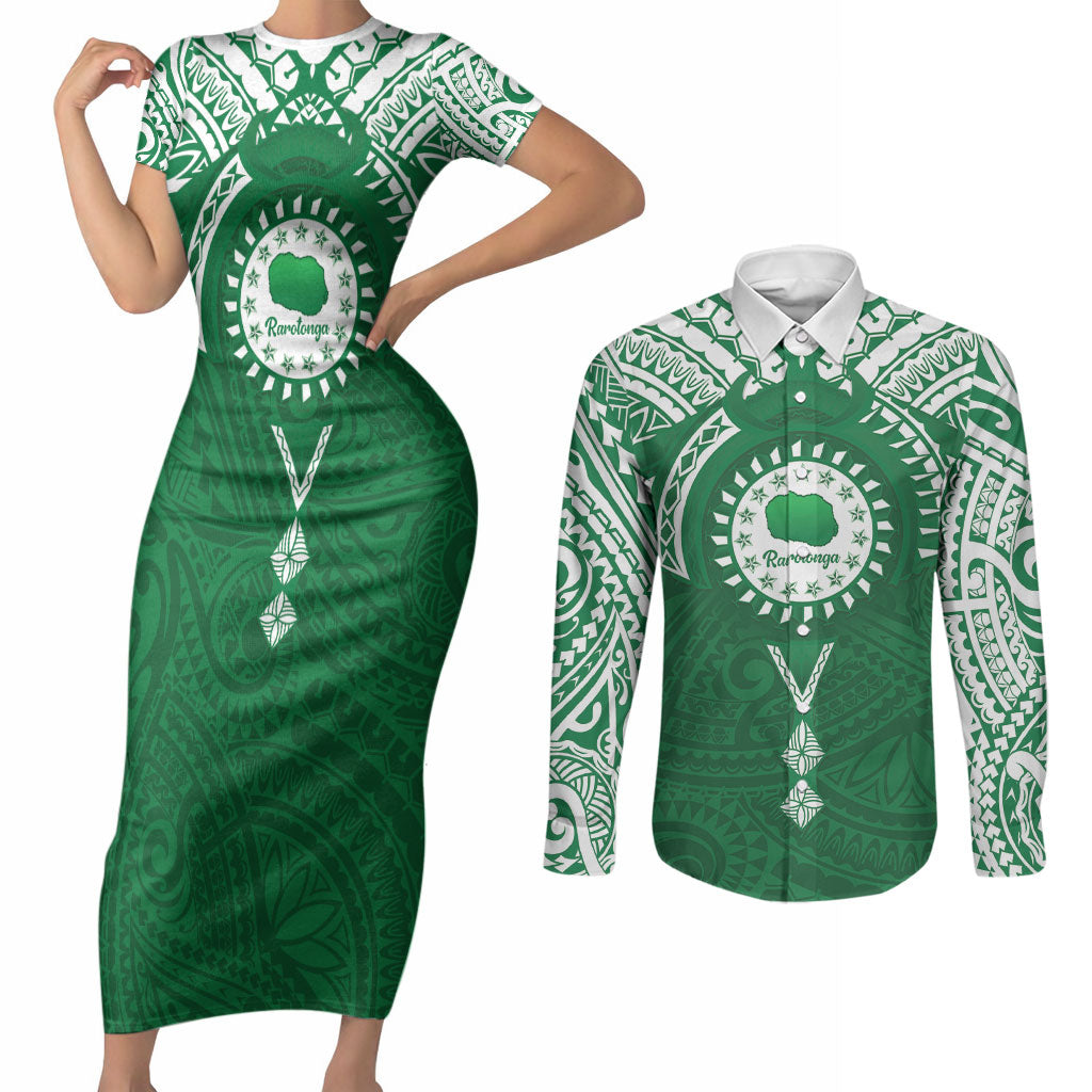 Personalised Cook Islands Rarotonga Couples Matching Short Sleeve Bodycon Dress and Long Sleeve Button Shirt Map With Kuki Airani Manta Ray Tattoo LT14 Green - Polynesian Pride