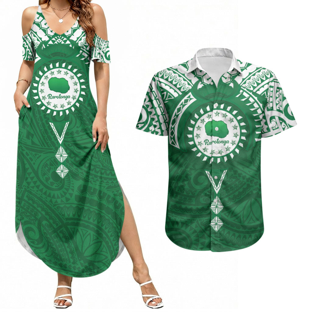 Personalised Cook Islands Rarotonga Couples Matching Summer Maxi Dress and Hawaiian Shirt Map With Kuki Airani Manta Ray Tattoo LT14 Green - Polynesian Pride