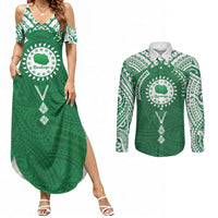 Personalised Cook Islands Rarotonga Couples Matching Summer Maxi Dress and Long Sleeve Button Shirt Map With Kuki Airani Manta Ray Tattoo LT14 Green - Polynesian Pride
