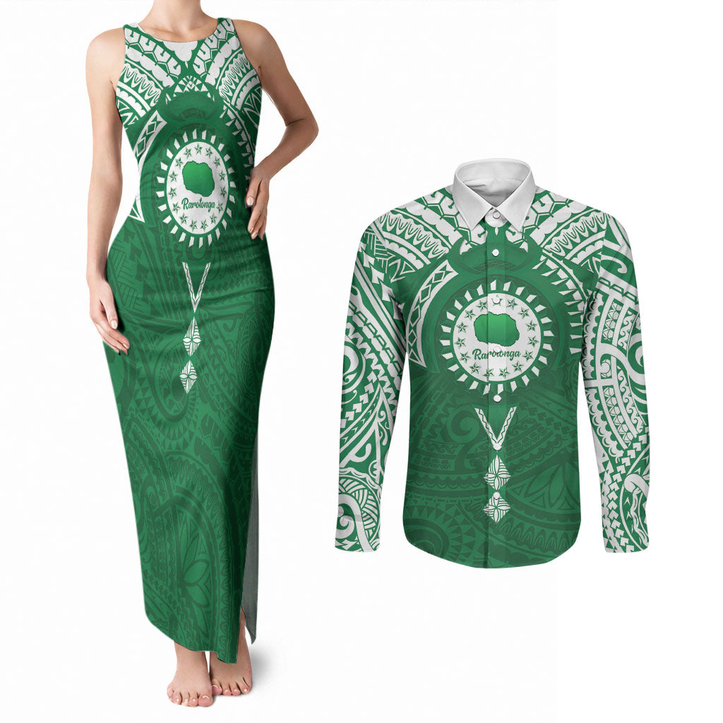 Personalised Cook Islands Rarotonga Couples Matching Tank Maxi Dress and Long Sleeve Button Shirt Map With Kuki Airani Manta Ray Tattoo