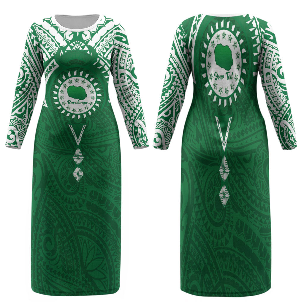 Personalised Cook Islands Rarotonga Family Matching Long Sleeve Bodycon Dress and Hawaiian Shirt Map With Kuki Airani Manta Ray Tattoo LT14 Mom's Dress Green - Polynesian Pride